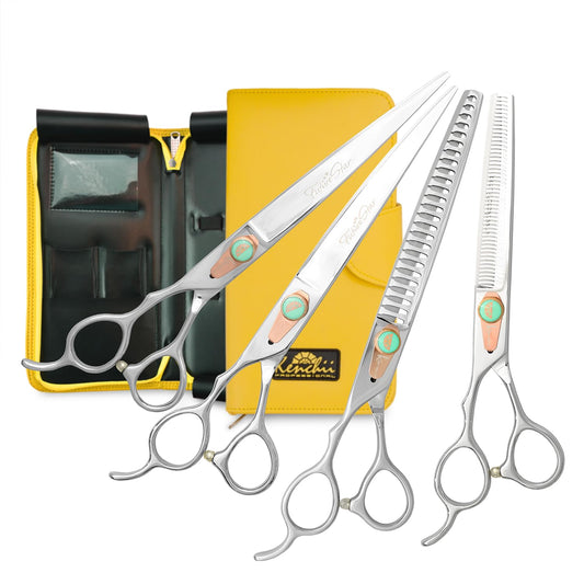 Kenchii Future Star Dog Grooming Scissors Lefty Set Premium Kit for Novice & Pro Groomers Straight Curved Thinner & Blender Shears with Micro Serrated Blades Includes Case and Inserts.