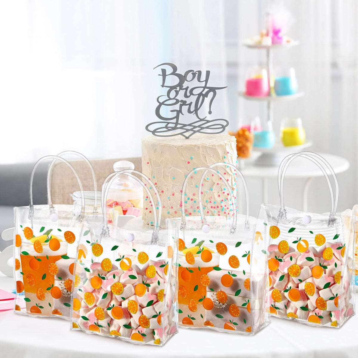 Tioncy 24 Pcs Orange Clear PVC Gift Bags with Handles Orange Theme Candy Treat Basket Little Cutie Party Favor Bags for Little Cutie Baby Shower Decorations Wedding Birthday Summer Party Supplies