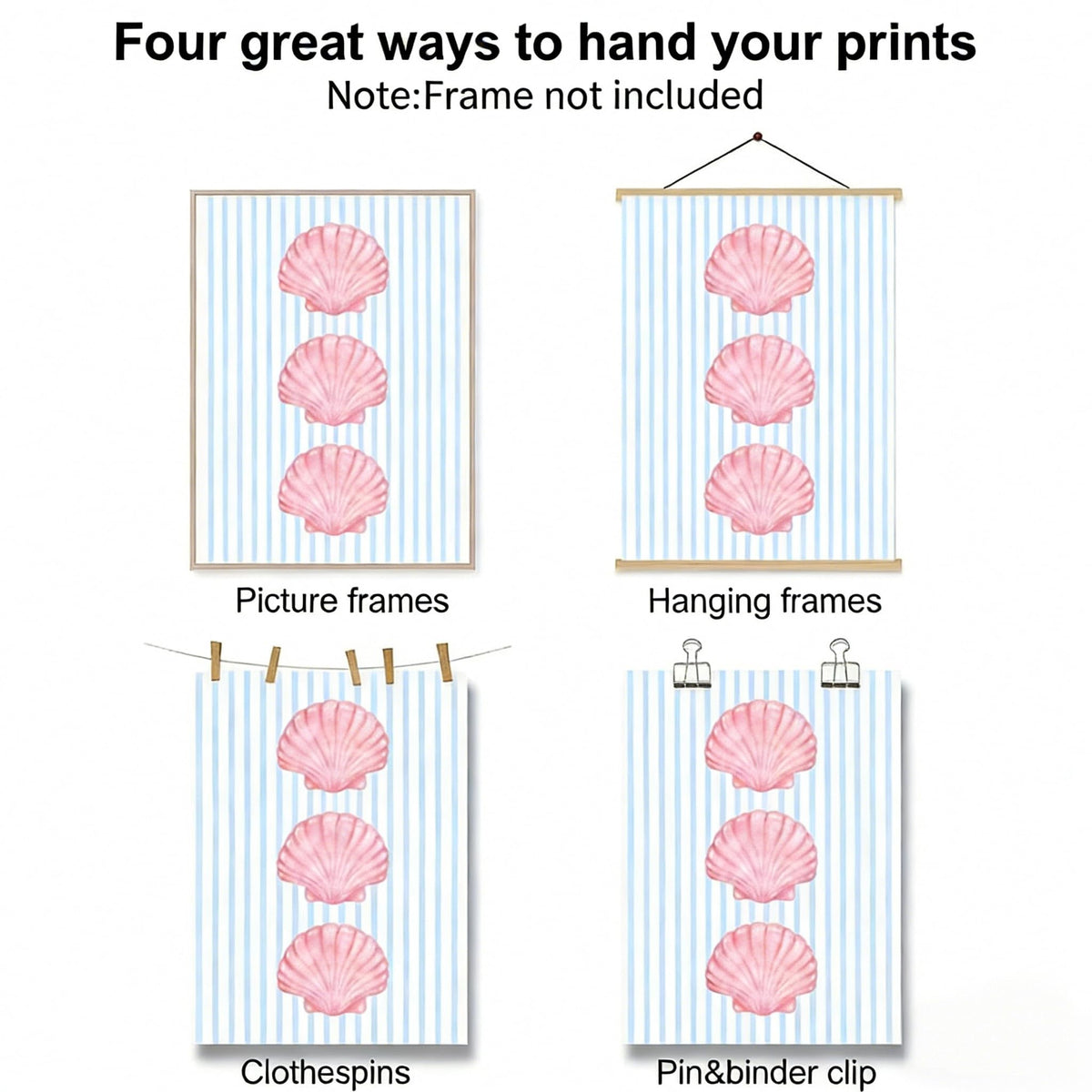 6pcs Preppy Beach Pink Blue Canvas Wall Art Coastal Fashion Bikini Shell Painting Picture Wall Decor Summer Seaside Theme Poster Print Artwork for Teen Girl Bedroom Dorm Gift granddaughter