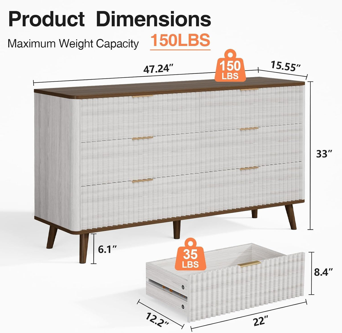 Mapleyard Fluted 6 Drawers Dresser, 47" Wide Wooden Chest of Drawers, Modern Mid Century Storage Closet Long Large Dresser for Bedroom, Living Room,Hallway, Entryway, Nursery Room, Beige + Walnut