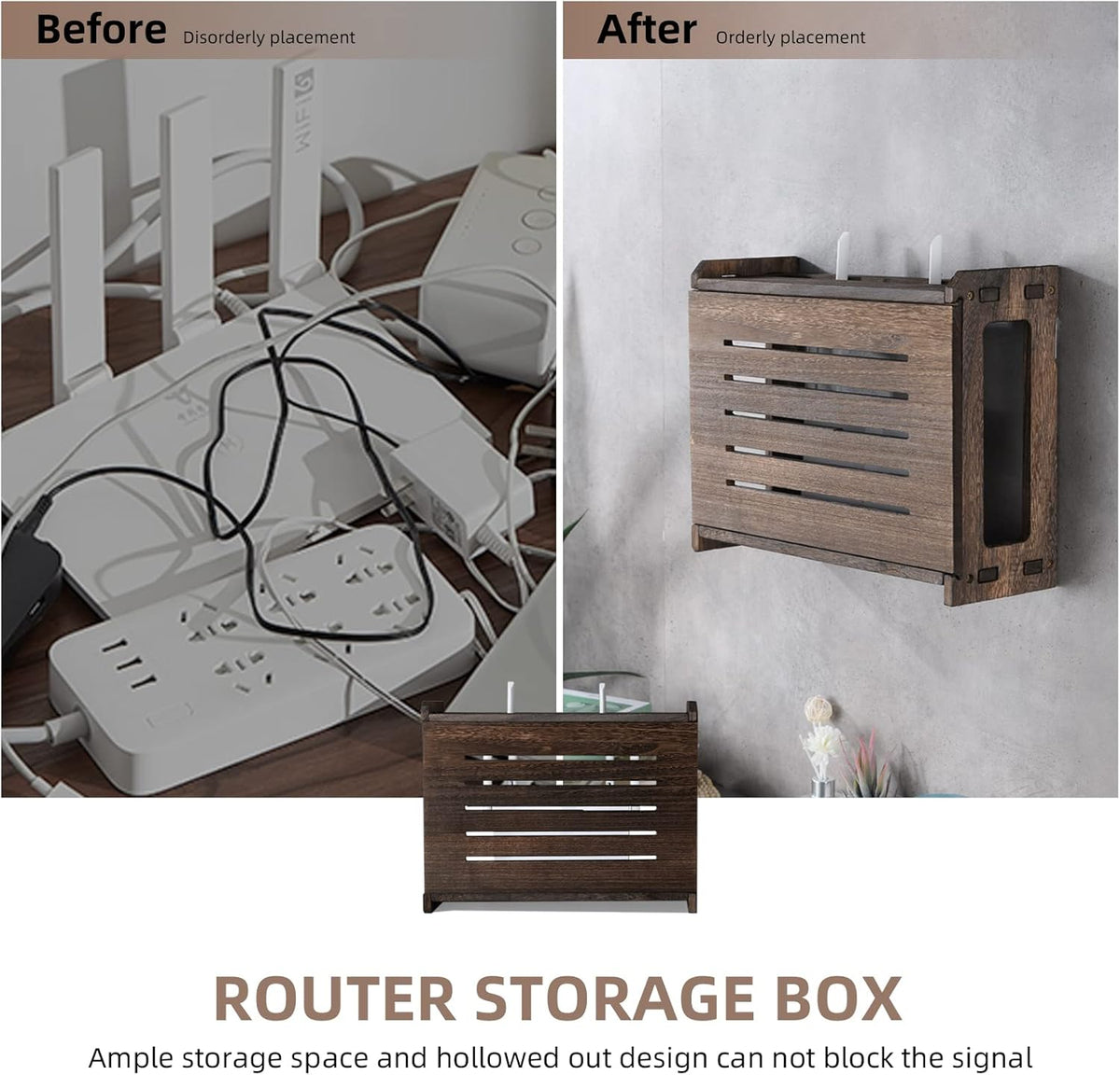 BEARUT 14.9 9.8 5.4 Wooden Router Shelf Wall Mount WiFi Router Storage Box Modem Cable Router Cover Organized Power