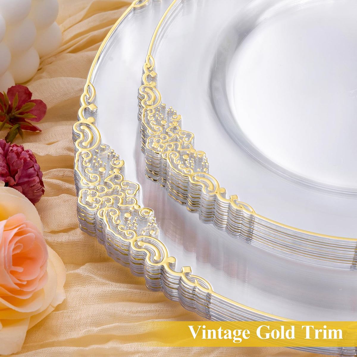 Bestluck 100 PCS Clear and Gold Plastic Plates for 50 Guests, Clear Disposable Plates Include 50 PCS Dinner Plates, 50 PCS Dessert Plates for Party, Wedding
