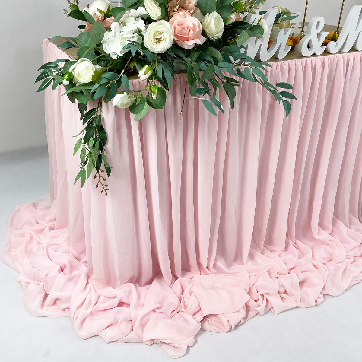 EHLDekol Pooling and Floating Chiffon Table Skirt, 6FT 9FT 14FT Sheer Tablecloth, Baby Shower, Birthdays, Wedding Table Skirt (Blush Pink, 9FT)