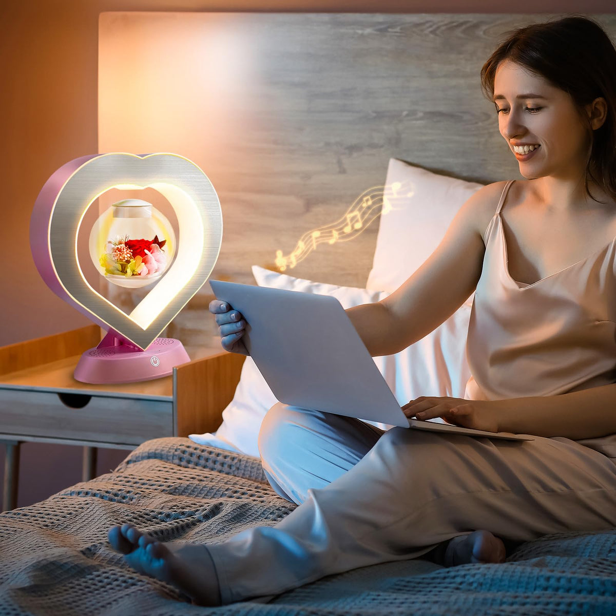 LoveLin Heart Preserved Rose Flowers with Bluetooth Speakers, 5W Pink Magnetic Levitation Table Lamp with Variable Color LED Light, Unique Forever Flower Gift for Women, Girls, Mother and Grandma