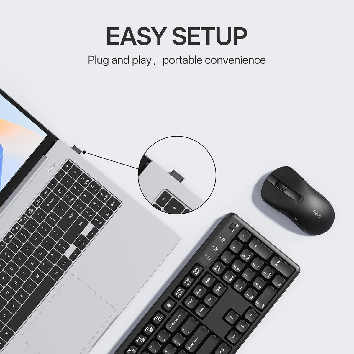 Rapoo X2100 2.4GHz 12 Quiet Wireless Keyboard and Mouse Combo, USB Receiver, Multimedia Keys, Spill-Proof, Full-Sized