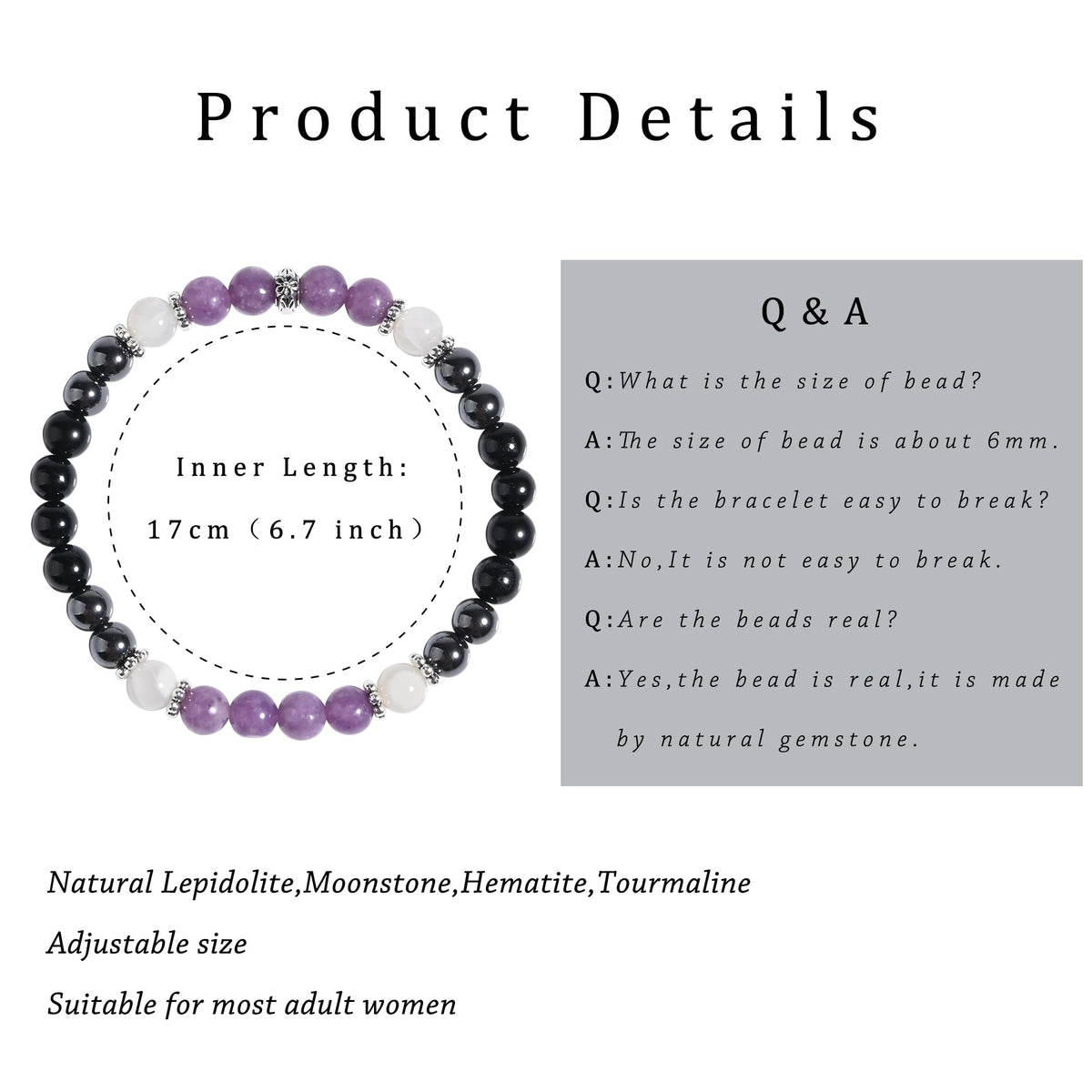 Gracayfr Anxiety Relief Bracelet New Beginnings Gifts Lepidolite Black Tourmaline Hematite Moonstone Emotional Healing Crystal Protection Items Jewelry For Women Lepi Moon