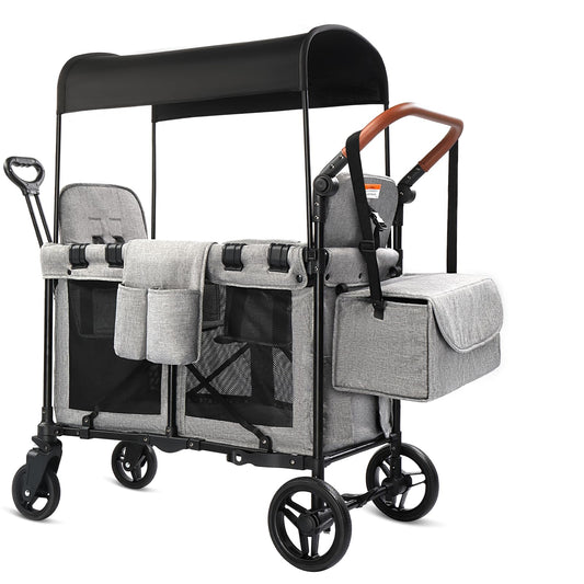 Wagon Stroller for 2 Kids, Foldable All-Terrain Wagon for Kids with Canopy, Adjustable Push and Pull Handles,Convertible High Seat & Organizer, 5 Point Harness (Gray)