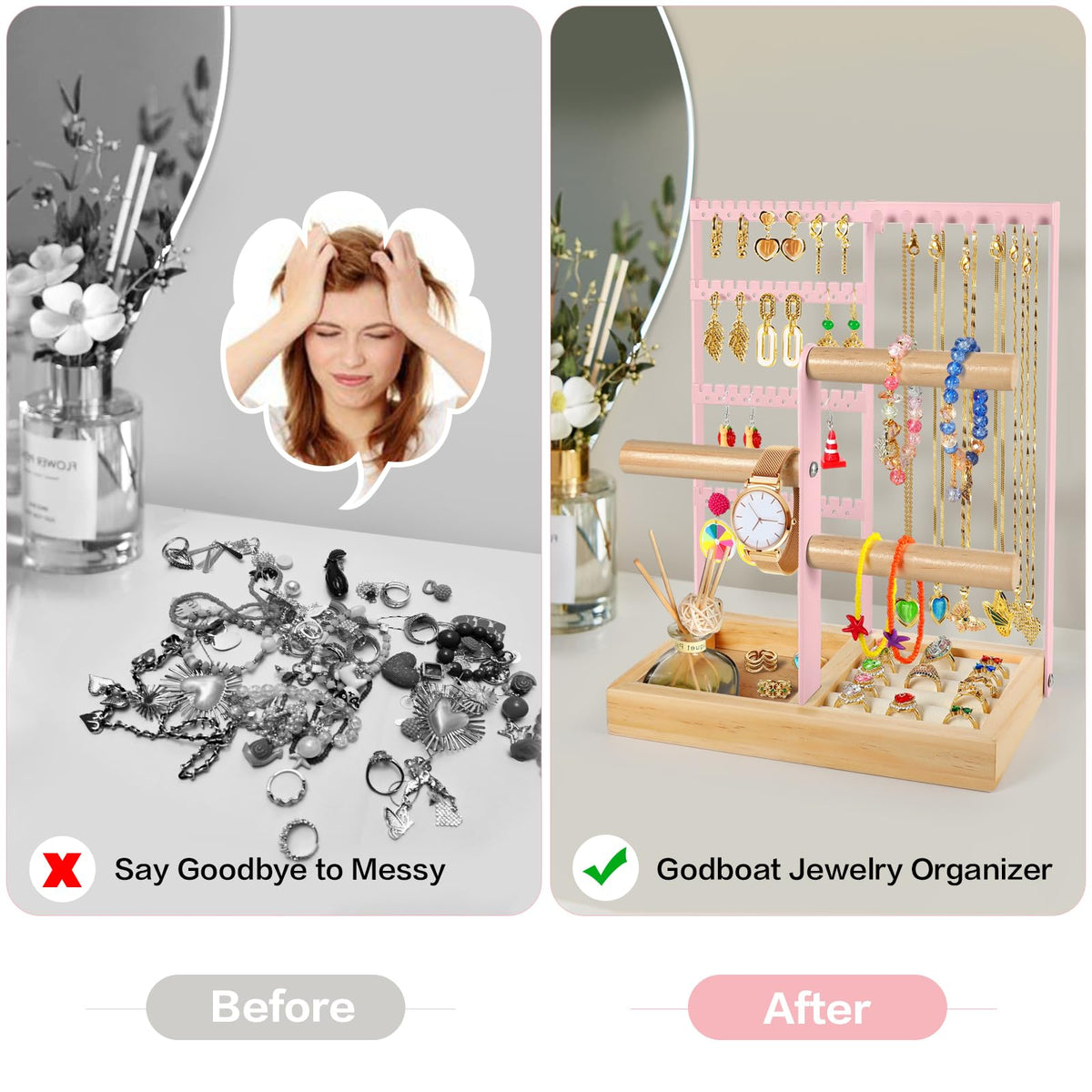 Godboat Jewelry Organizer - Earring Holder with 48 Holes, 6 Hooks Necklace Organizer, Bracelet and Ring Stand with Jewelry Box, Mothers Day Gifts for Women, Mom, Preppy Stuff & Room Decor, Pink