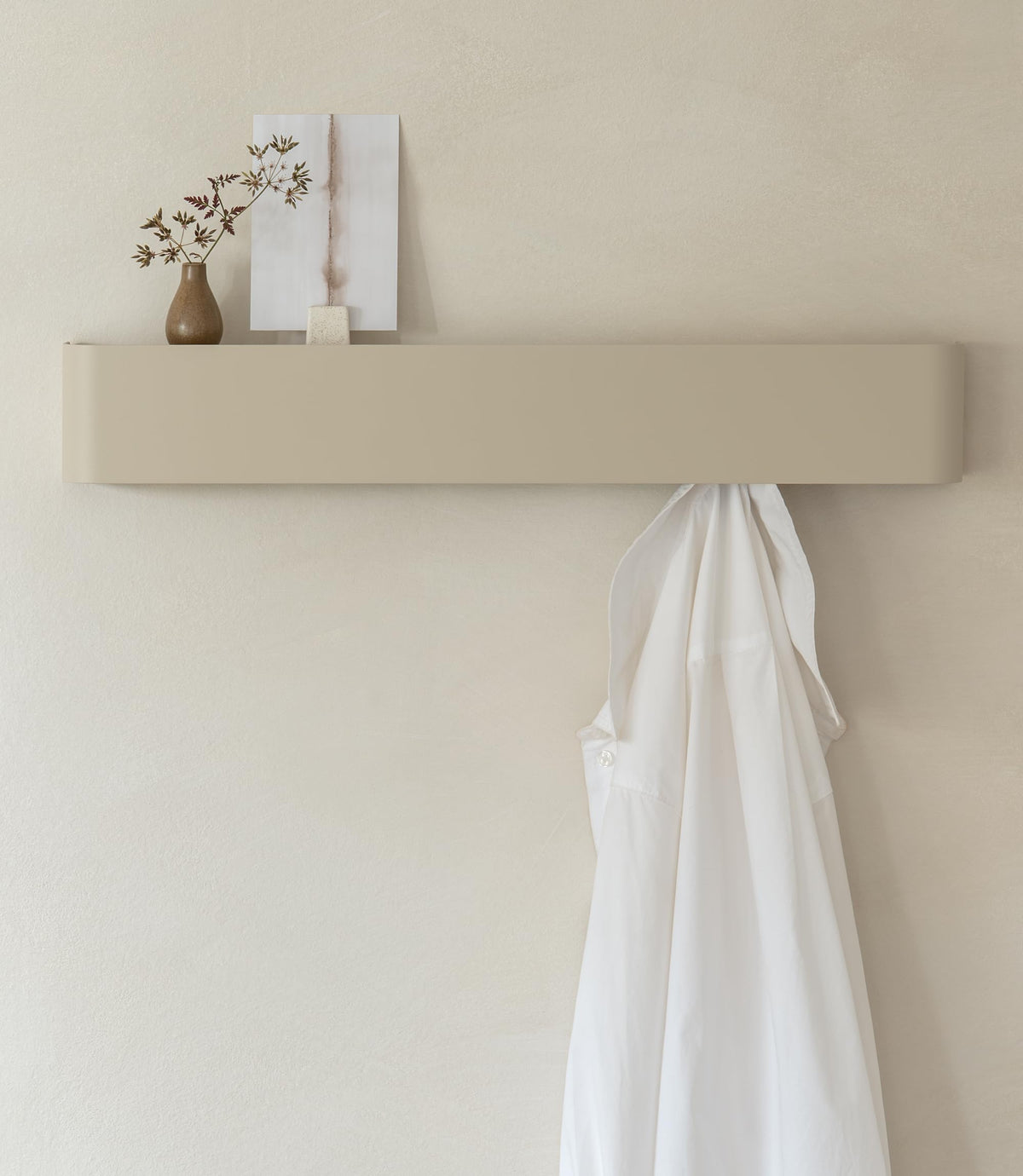 Kazai. Coat Rack Wall Mount with Shelf 'Tone' | Modern Design Coat Hanger with Hidden Hooks and Storage | Hat Rack with Shelf in Metal | Wall-Mounted Purse Organizer | Taupe