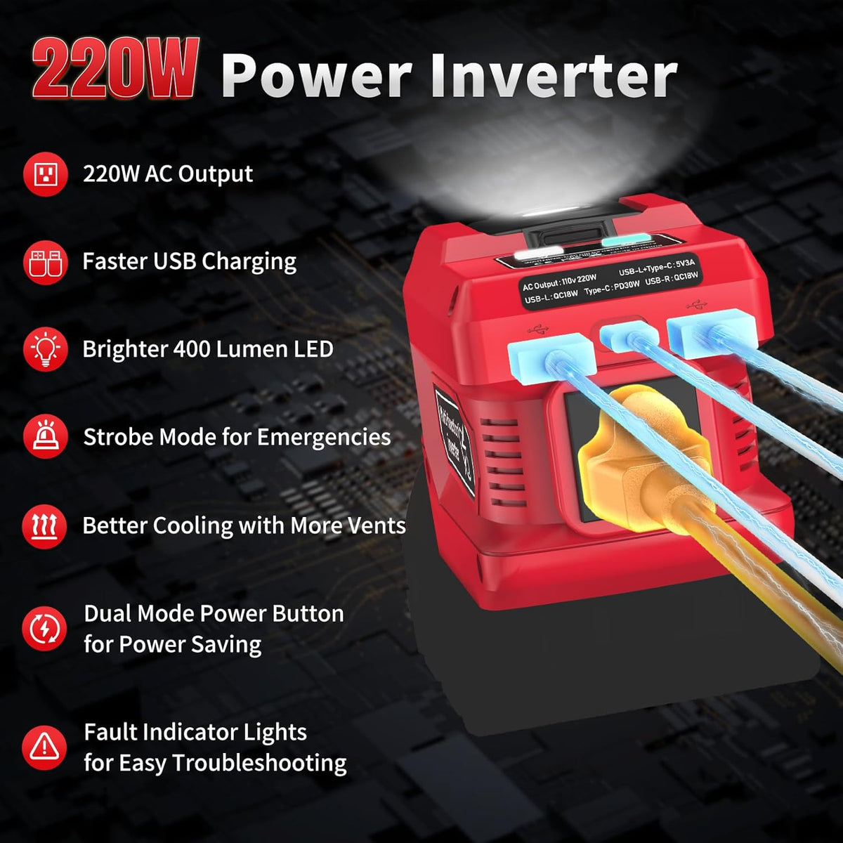 Kzreect 220W 18V 110V 1 400LM Power Inverter Compatible with Milwaukee Batteries (Battery Not Included), DC to AC