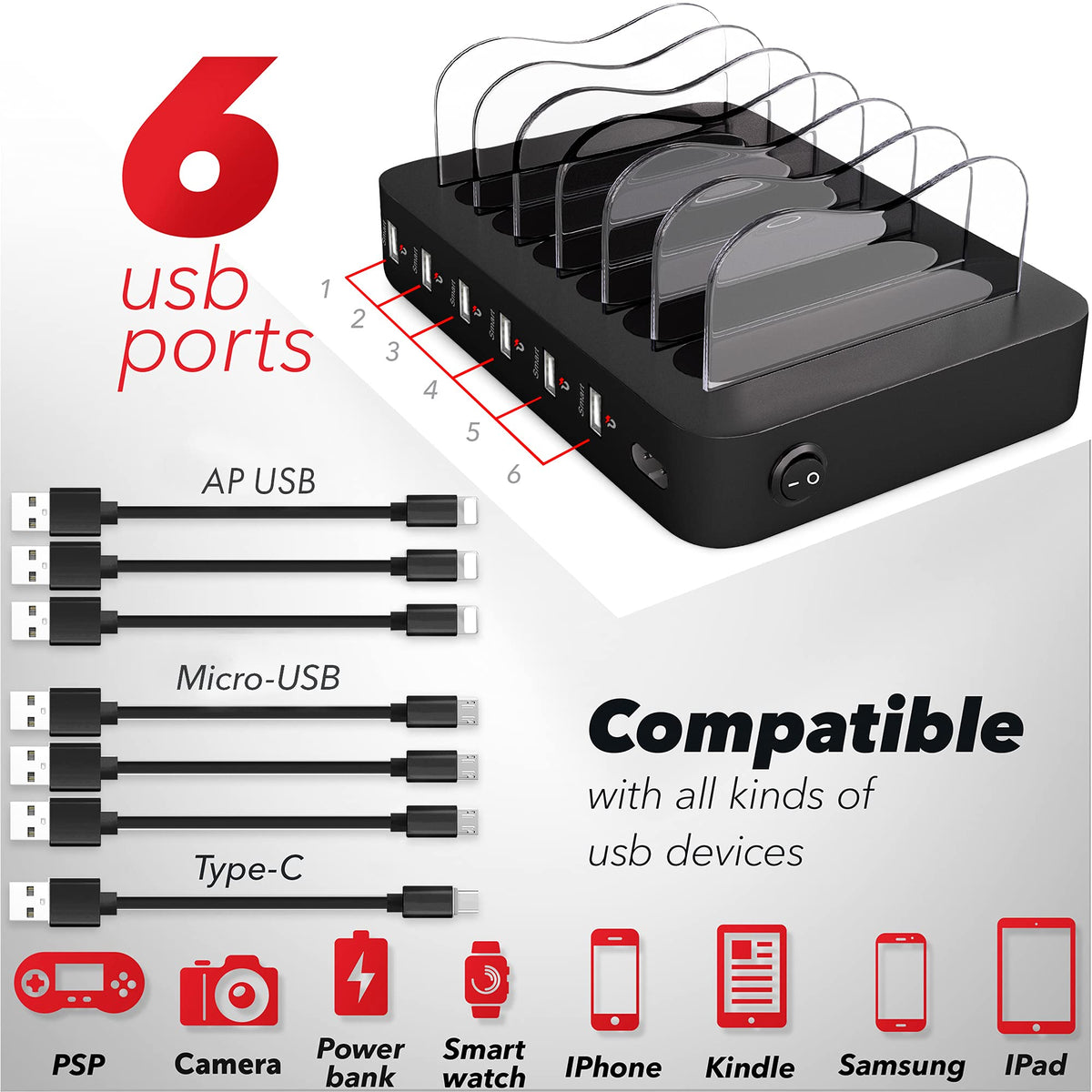 USB Charging Station - 6 Port Universal Charging Station for Multiple Devices - Multi Device Charger Dock - Compatible with Apple, iPad, iPhone, Android Cell Phones, and Tablets - Black
