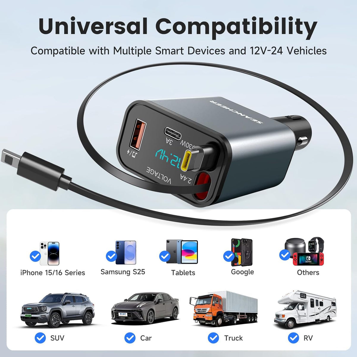 SEANCHEER 69W 2 5.3 Call,MP3 Car Bluetooth Adapter & Car Charger USB C, Cigarette Lighter Adapter with Retractable