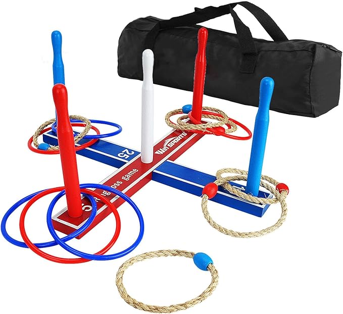 Wooden Ring Toss Game Set Includes Wood Base for Kids, Indoor & Outdoor Game for Family and Adults