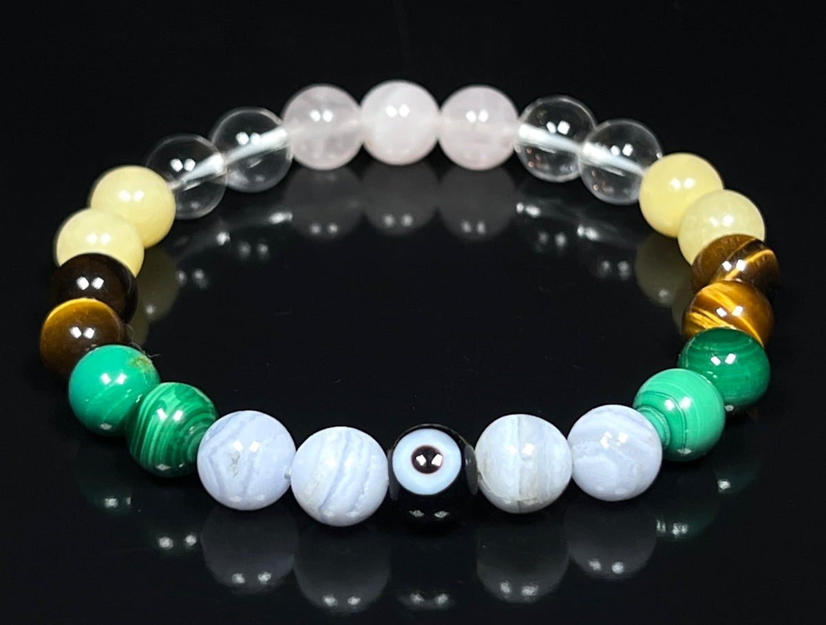 Awaken Your Kundalini Crystals For Happines - Beaded Bracelet - Malachite Tiger's Eye Calcite Blue Lace Agate Rose Quartz Evil Eye - Heart Chakra Stones, Happy Bracelet, Crystals for Joy