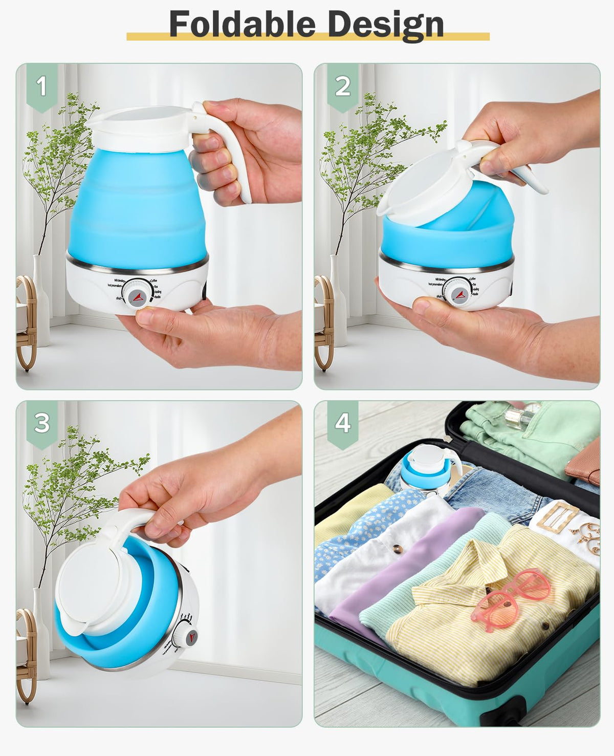Portable Electric Travel Kettle, 600ml Collapsible Silicone Kettle with Temperature Adjustment Function for Camping, Hotels and Travel (BLUE)