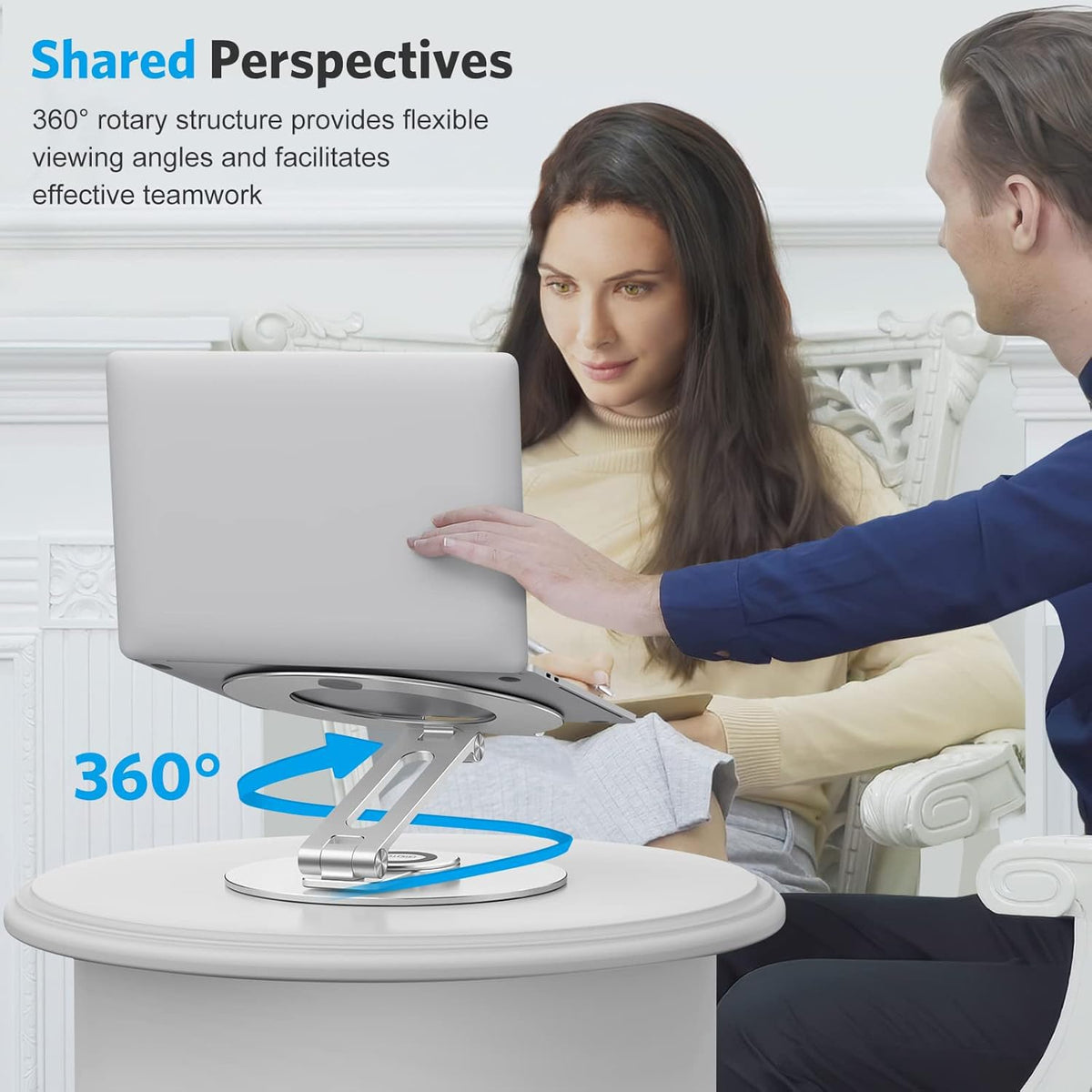 OMOTON Adjustable Laptop Stand with 360 Rotating Base, Ergonomic Laptop Riser for Collaborative Work, Dual Rotary Shaft Fully Foldable for Easy Storage, Fits All Laptops up to 16 inches, Silver