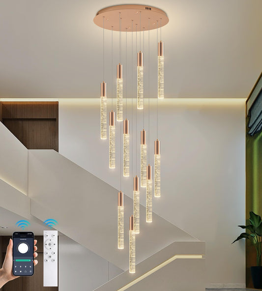 Upfelw Modern High Ceiling Crystal Chandelier 12-Lights, Large Spiral LED Raindrop Foyer Pendant Lighting, Bubble Staircase Living Room Hanging Light Fixture Flush Mount Gold
