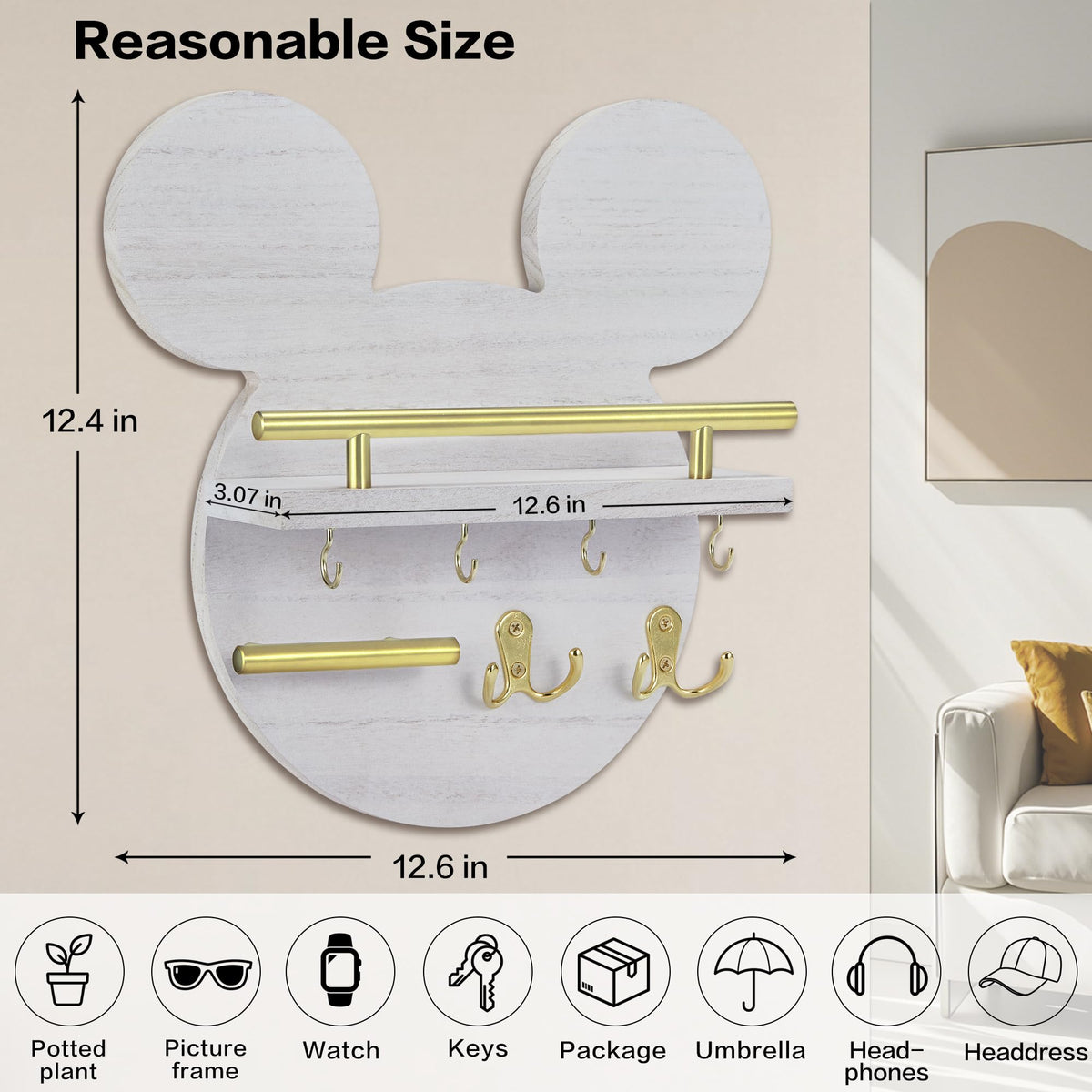 AIRPOP Key Holder for Wall–Mouse Wooden Mail Organizer Wall Mount with Shelf and 6 Hooks, Easy Installation Key Rack Hanger for Entryway Living Room Home Decor(White)