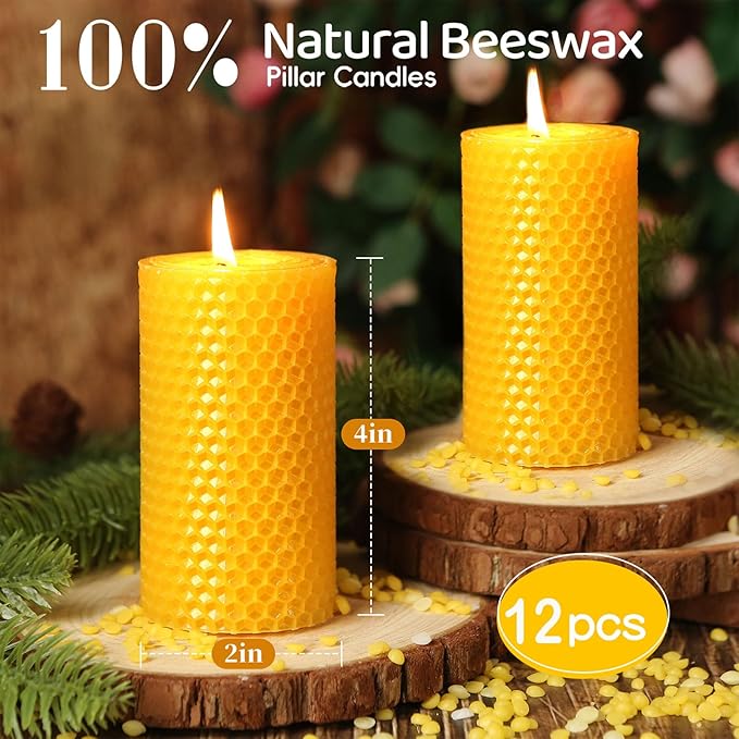 12 Pack Honeycomb Beeswax Candles,240 Hours Long Burning Natural Handmade Beeswax Rolled Pillar Candles, Bees Wax Candles for Home, Prayer,Dripless Smokeless Unscented Pillar Candle 2x4in