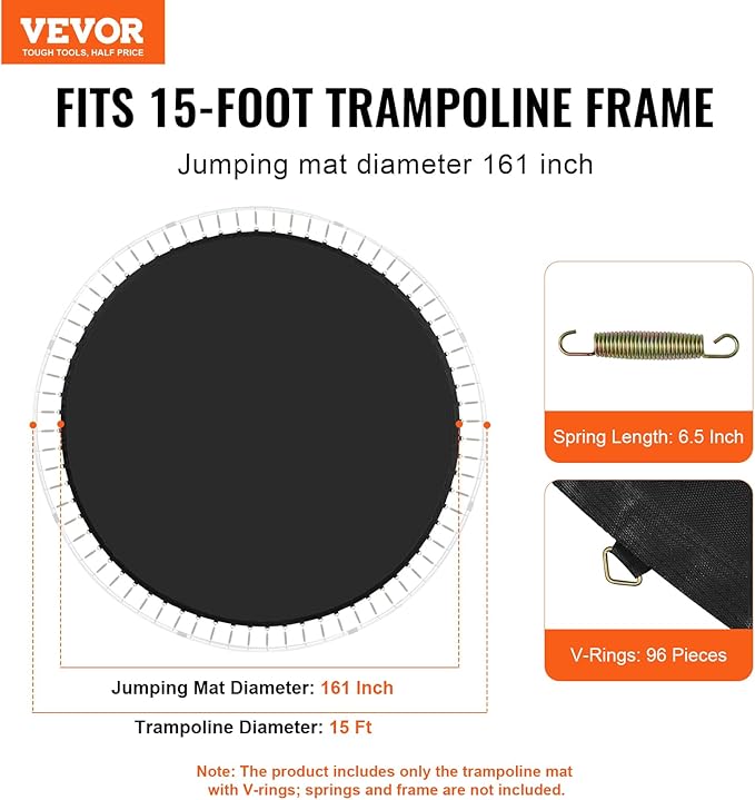 VEVOR Replacement Trampoline Mat, Universal Jumping Round Trampoline, Reinforce UV-Resistant Mat with Spring Tool & Durable V-Rings