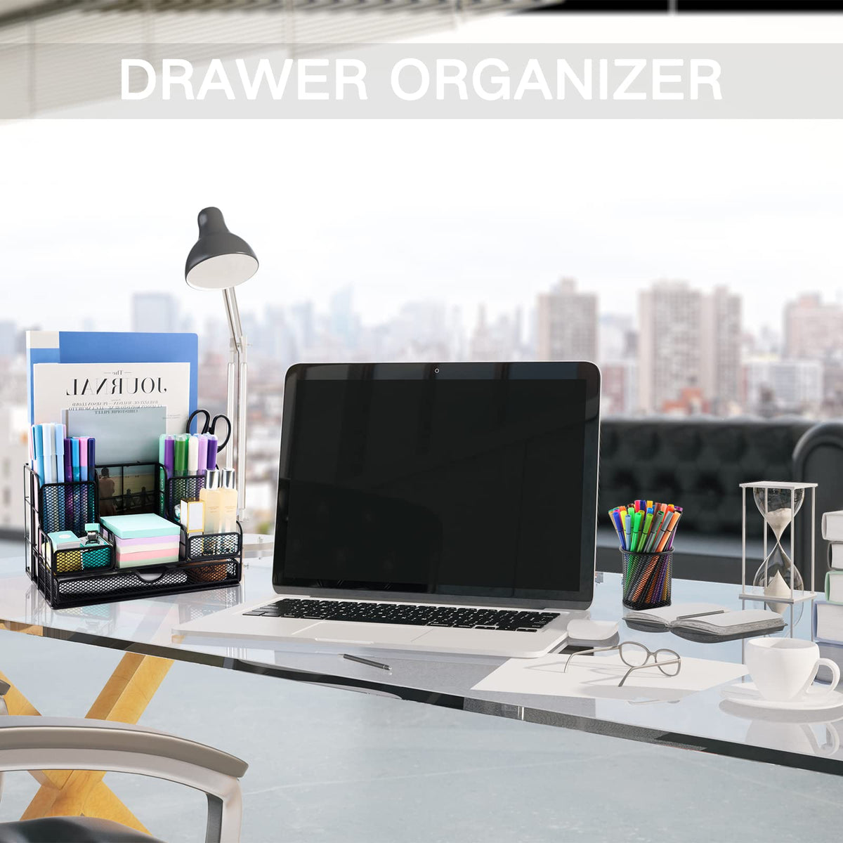 BCCICE Desk Organizers Caddy and Accessories with 7 Compartments + Pen Holder / 72 Clips Set, Drawer, Black Mesh Office Supplies Desktop Organizer for Home, Office Ect