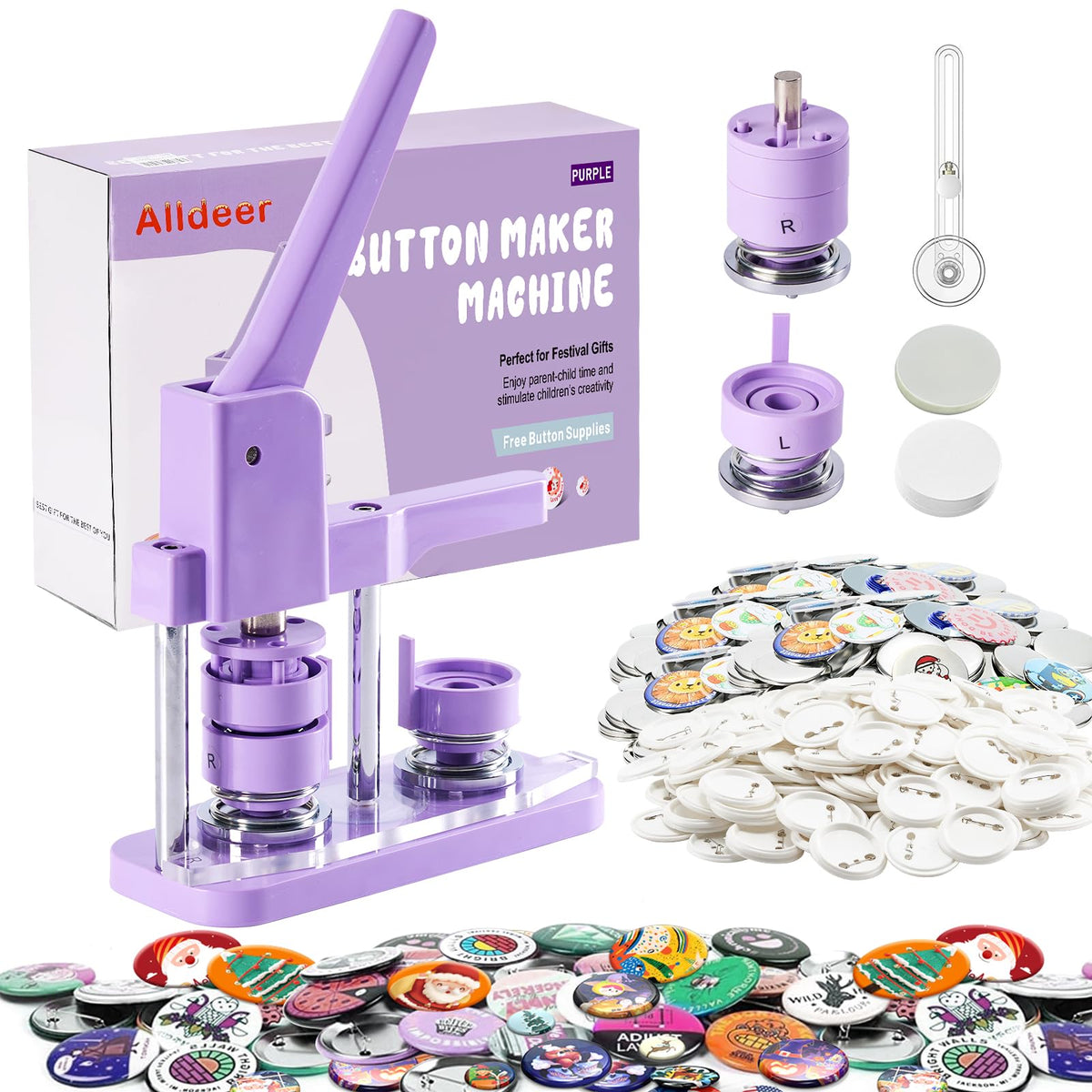 Alldeer Button-Maker-Machine Kit 32mm /1.25 inch, Button Press Machine 32mm, Easy-to-use Rotate Models, Pin Maker Kit with 100 Sets Plastic Supplies, DIY Small Badges, Starting Creative Project