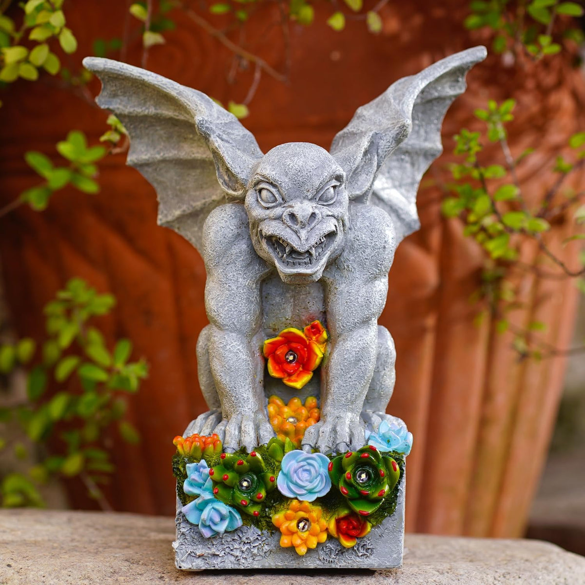 Philodwell Gothic Gargoyle Garden Statues: Outdoor Sculptures with Succulent Lights Decor for Patio Lawn Yard Art - Gifts for Mom Grandma
