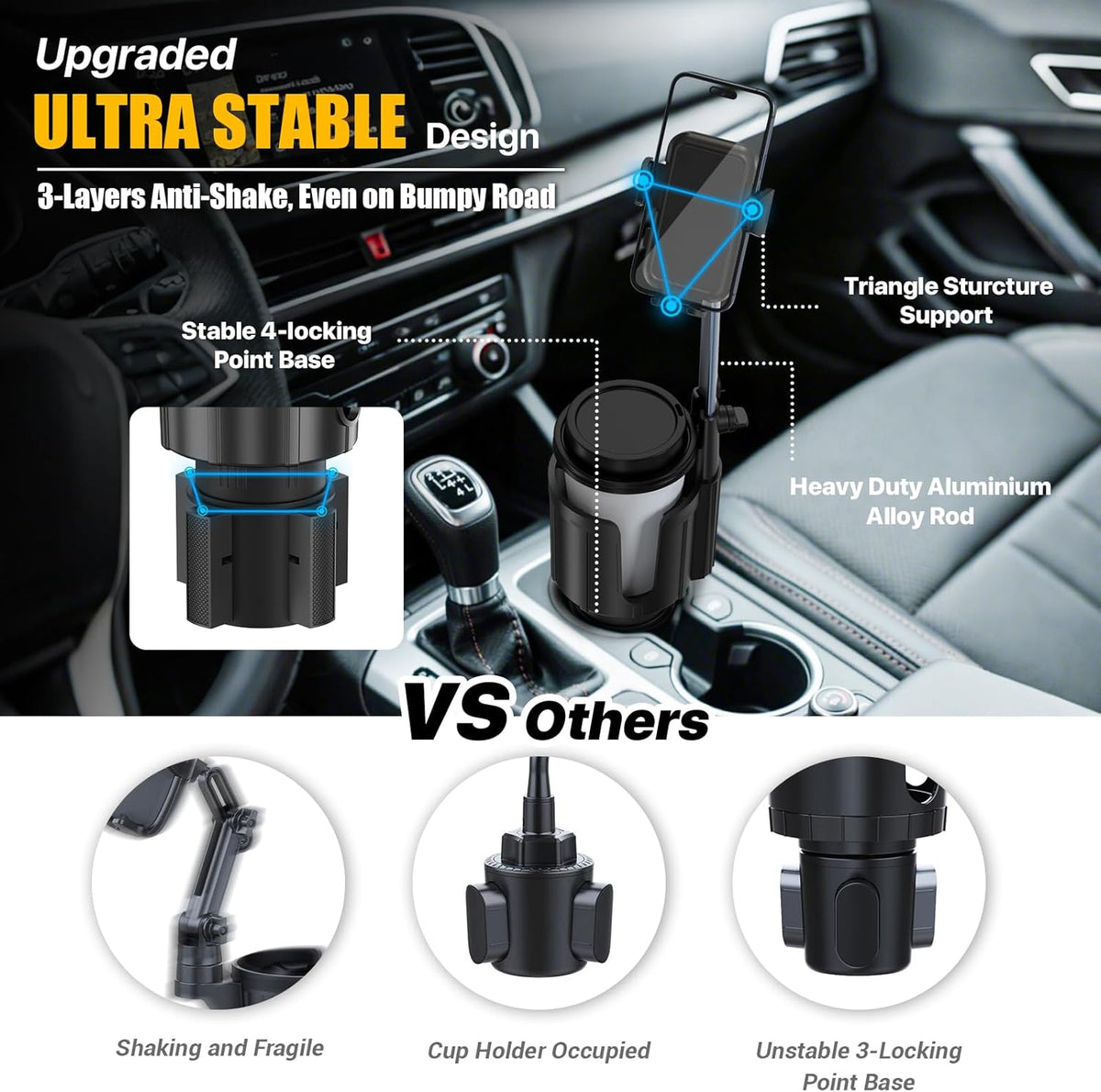AKREDERY 2-in-1 Car Phone Mount with Cup Holder Expander - Upgraded Anti-Shake Cup Phone Holder for SUVS Trucks