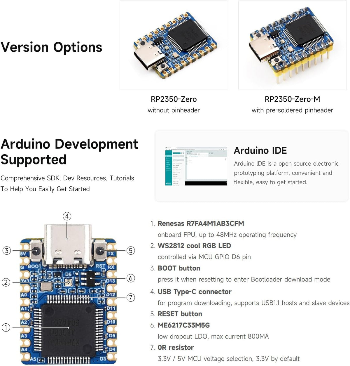 waveshare RA4M1-Zero 32-Bit MCU-RA4M1, 48MHz Mini Development Board, Based on Operating Frequency, Built-in FPU