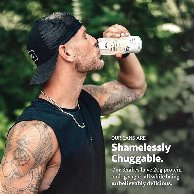 Slate Milk - High Protein Milk Shake - French Vanilla - Lactose Free, 20g Protein, 1g Sugar, 100 Calories, 1g Net Carbs, No Added Sugar - Natural, Breakfast Boost, Post Workout - 11 fl oz, 12 Cans