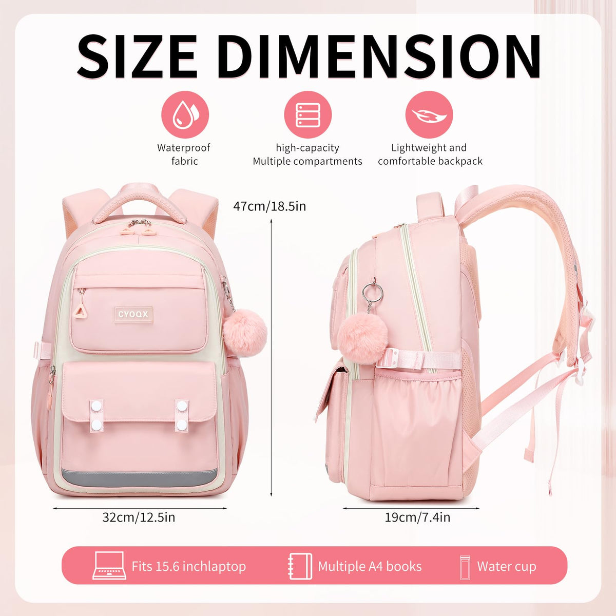 CYOQX School Backpack for Girls Cute Backpack Elementary Middle School High School Teenage Girls Schoolbag (Pink)