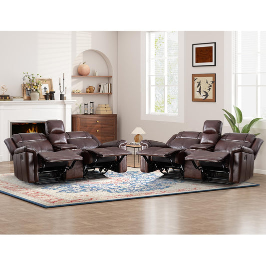 ANJ Geniune Leather Manual Loveseat Recliner Sofa Set of 2 with Center Console, Overstuffed 2-Seater Reclining Couch with Hidden Storage & Cup Holders, 2 Dual Recliner for Living Room, Rust Brown