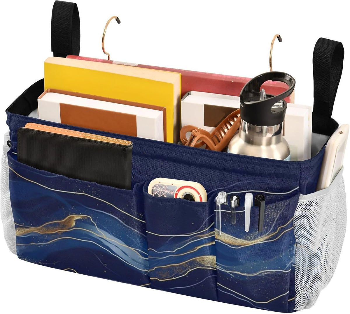 Amooorous Bedside Storage Caddy For Dorm Table Cabinet Storage Organizer for Bed Rails Deep Blue-gold Marble Texture