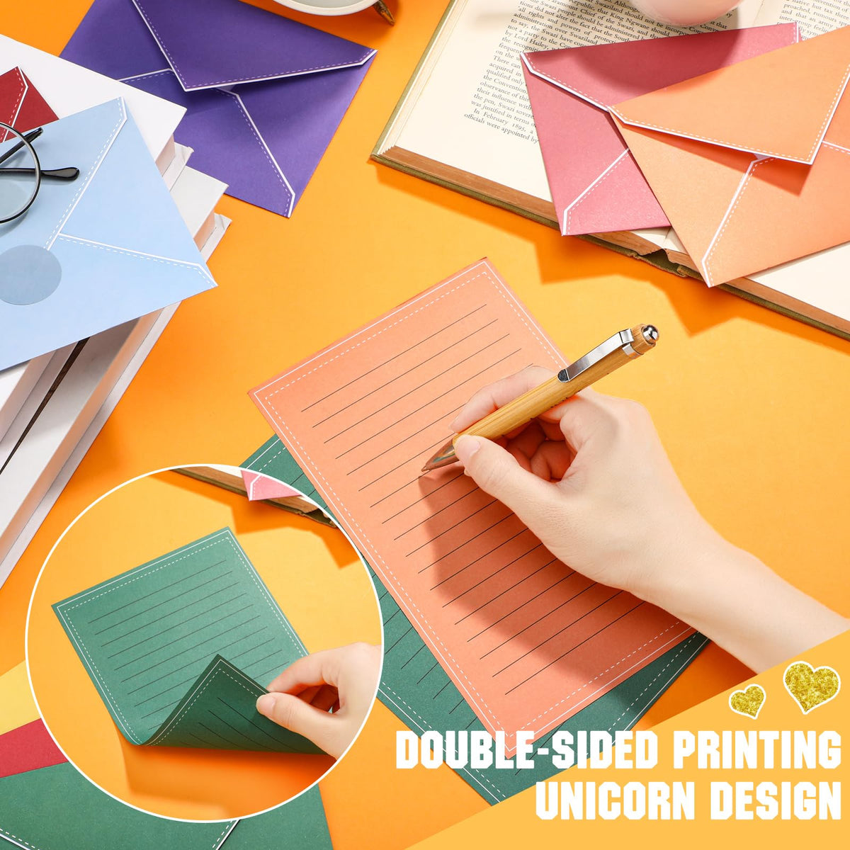 TaoBary 160 Packs Stationery Paper Set (50 Double Sided Stationery Writing Papers 50 Matching Envelopes) 60 Round Dot Sticker, 10 Design (Bright Color)
