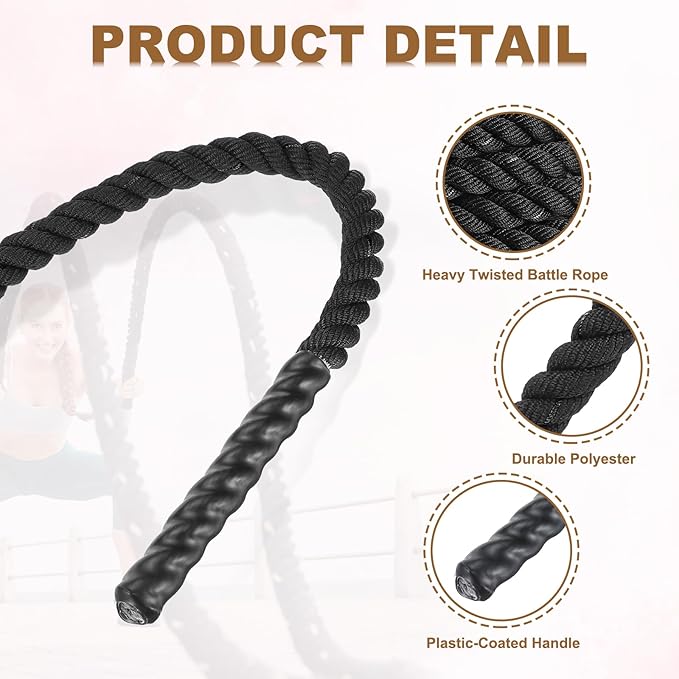 MECCANIXITY Battle Rope 10ft x 1 Inch Polyester Workout Rope Heavy Fitness Exercise Rope for Strength Training Home Gym Muscle Building, Black