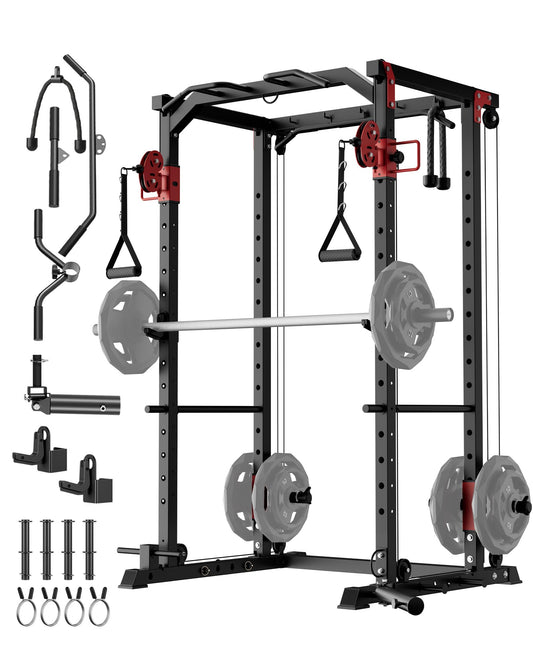 Garvee Power Cage, Multi-Functional Power Racks for Home Gym with Dual Pulley Systems, 1200 LBS Weight Capacity Fitness Squat Rack for Strength Workout with More Training Attachment, Red