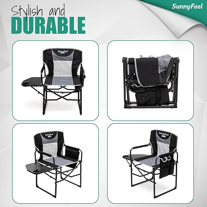 SUNNYFEEL Oversized Camping Directors Chair 2 Pack, Portable Folding Lawn Chairs for Adults Heavy Duty with Side Table,Pocket for Beach, Fishing,Picnic,Concert Outdoor, Foldable Camp Chairs