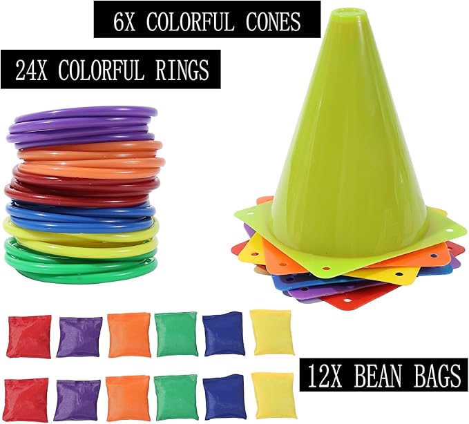 42 pcs 3-in-1 Carnival Games Set Plastic Colorful Cones Ring Toss Combo Set Outdoor Carnival Games Bean Bag for Kids Adults Birthday Party Outdoor Throwing Games