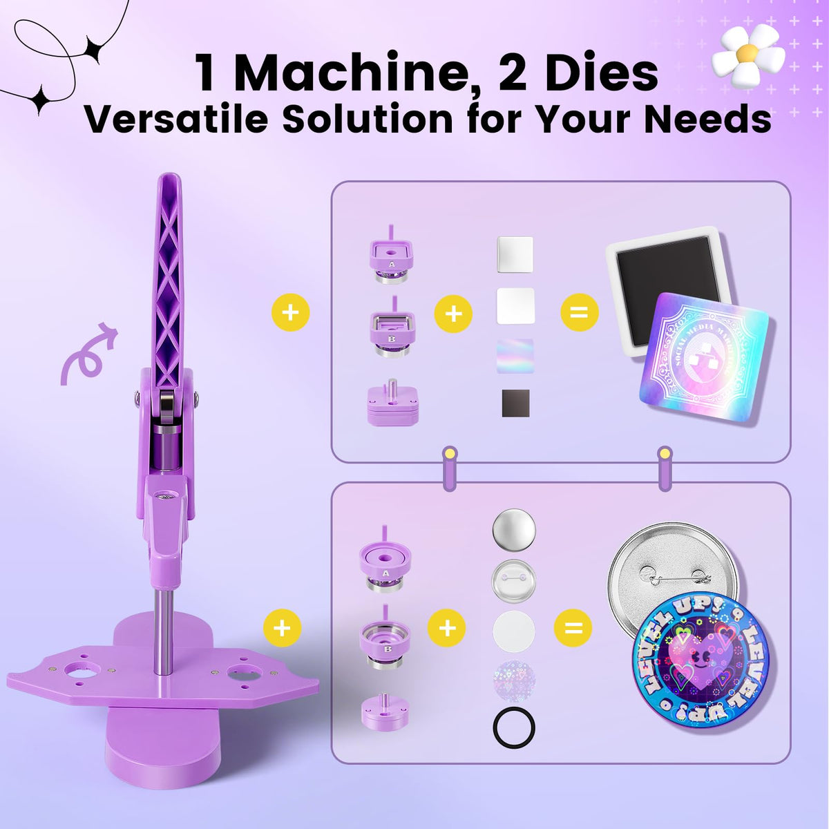 Button Maker Machine, Square & Round Button Badge Press Kit- 50pcs Square Magnet Button(2'' x 2'') + 50pcs Circle Pinback Button(58mm), Button Press Making Kit for Parties, Events, Business, School