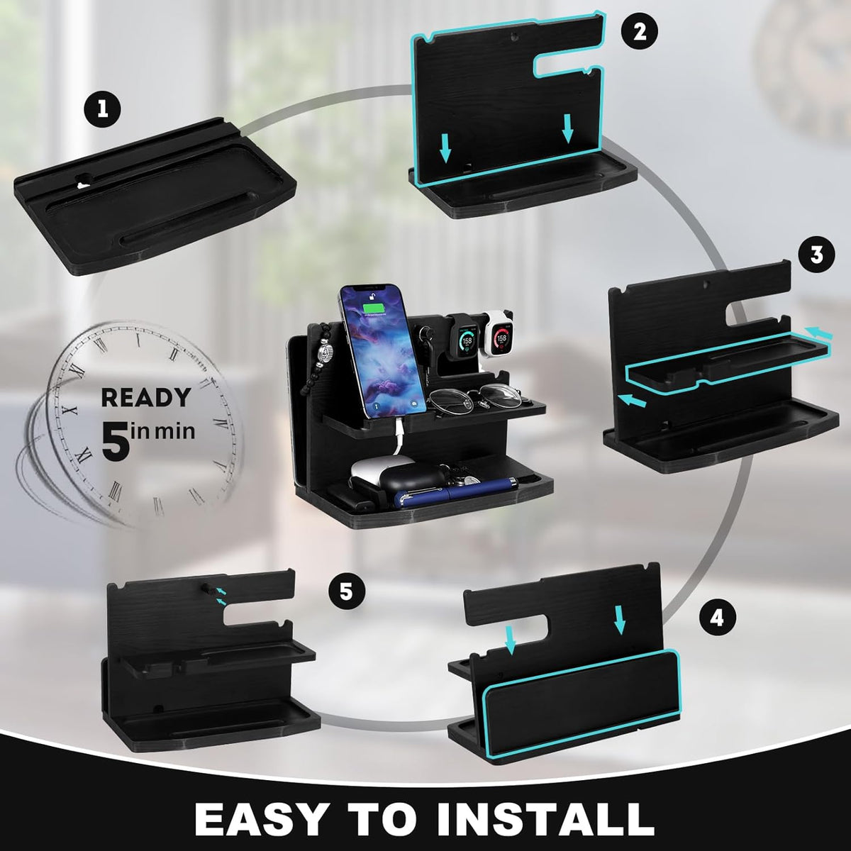 AliveByte Gifts for Men Desk or Nightstand Organizer - Wood Phone Docking Station - Birthday Gifts for Husband, Fathers