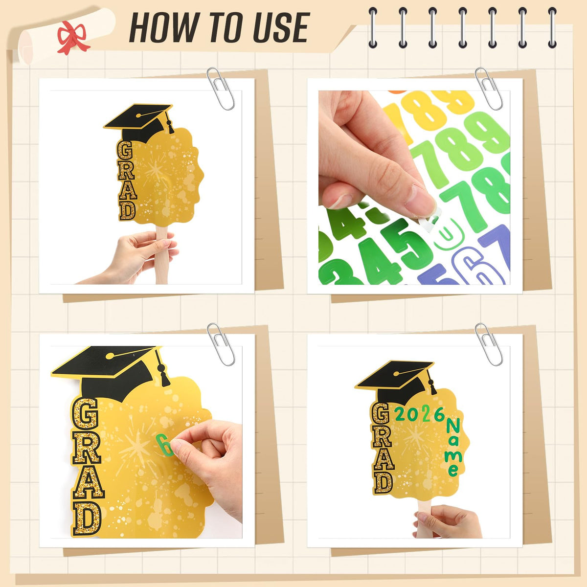 Lemosae 12 Pcs Graduation DIY Paper Fans Handheld Set Grad Face Fans with Number Alphabet Stickers Class of 2026 Grad Photo Props for Graduates Gifts Graduation Party Souvenirs Supplies