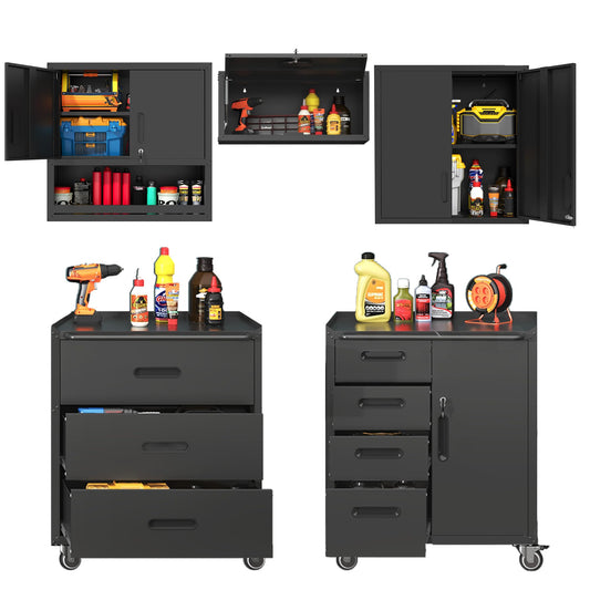 VIYET 5-Piece Rolling Garage Tool Cabinet Set,Heavy Duty Steel Garage Storage System with Wall Cabinet & Mobile Rolling Tool Chest,Lockable Adjustable Shelving Combo for Workshop Organization,Black