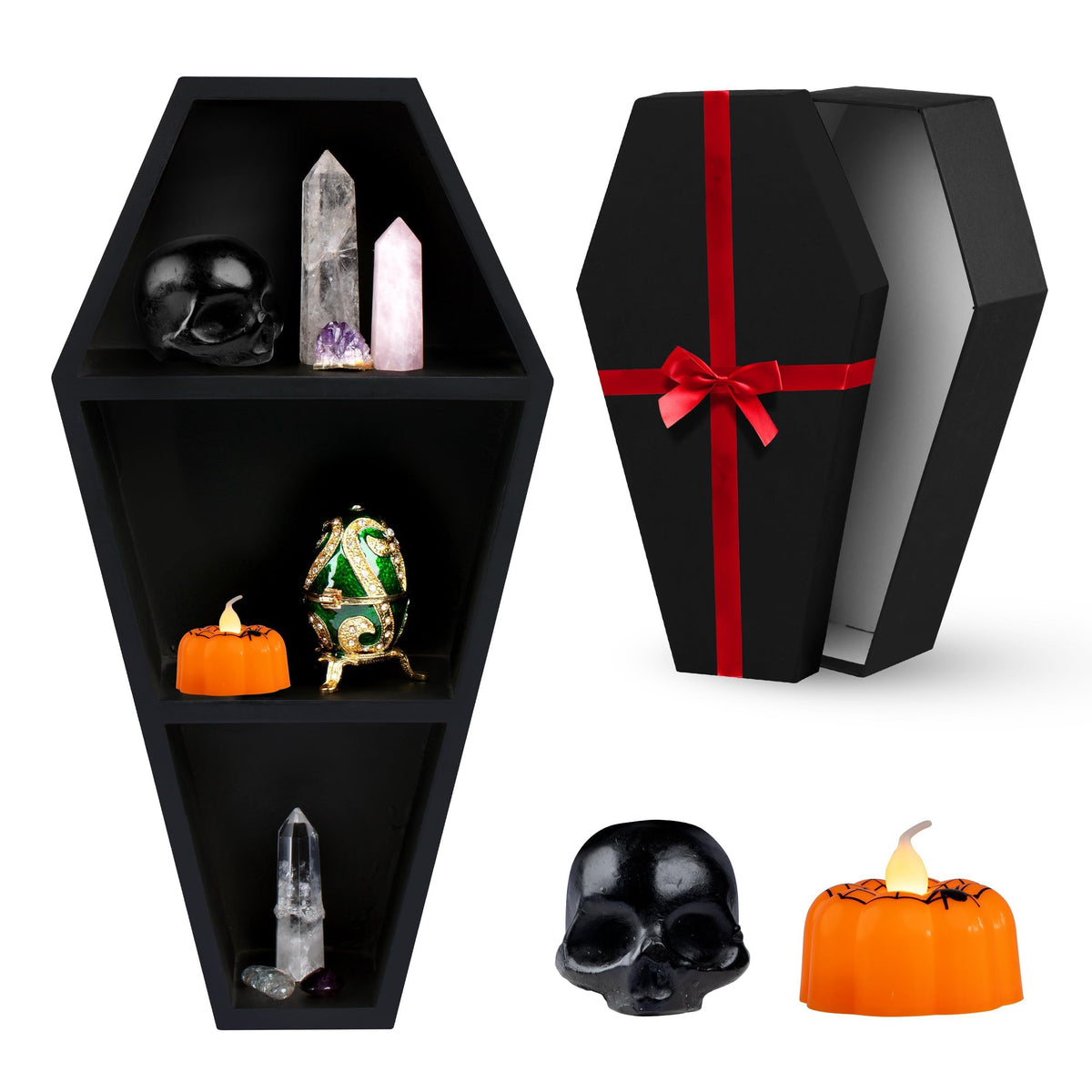 MANNY'S MYSTERIOUS ODDITIES Coffin Shelf and Coffin Gift Box with Spooky Accessories Set - Small Cute Goth Halloween Box 14 by 7 Inches - Black