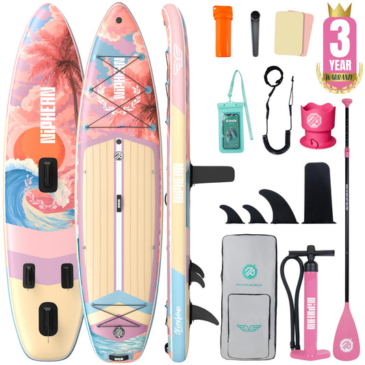 Niphean (Extra Large) Inflatable Paddle Board, SUP for 2+1 People/Family 500lbs Capacity Stand Up Paddle Board with SUP Accessories, StabilTrac Fin Non-Slip Paddleboard for Adults-Cheery
