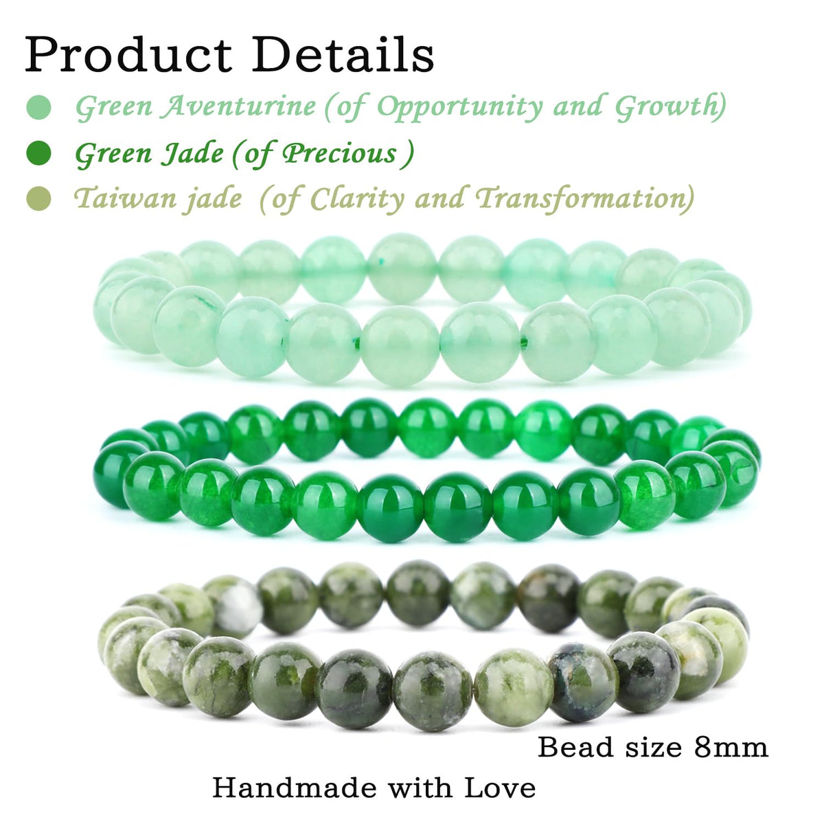 CMBYN 3-Pieces 8mm Natural Crystal Gemstone – ﻿Green Jade, Green Aventurine, Taiwan Jade Handmade Reiki Energy Healing Stretch Bracelets Jewelry for Yoga, Meditation, Unisex