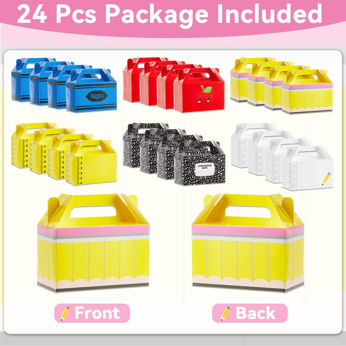 24Pcs Back to School Gift Boxes First Day of School Party Treat Boxes Pencil Crayon Apple Goodie Candy Box Teacher Appreciation Party Favor for Student Preschool Kindergarten Classroom Decorations