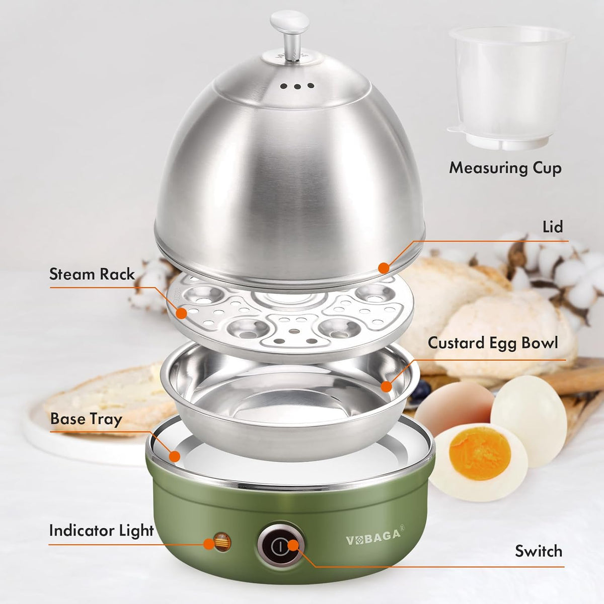 VOBAGA Electric Egg Cooker - Rapid Boiler with Auto Shut Off for Soft, Medium, Hard Boiled Eggs | 7-Egg Capacity, Green