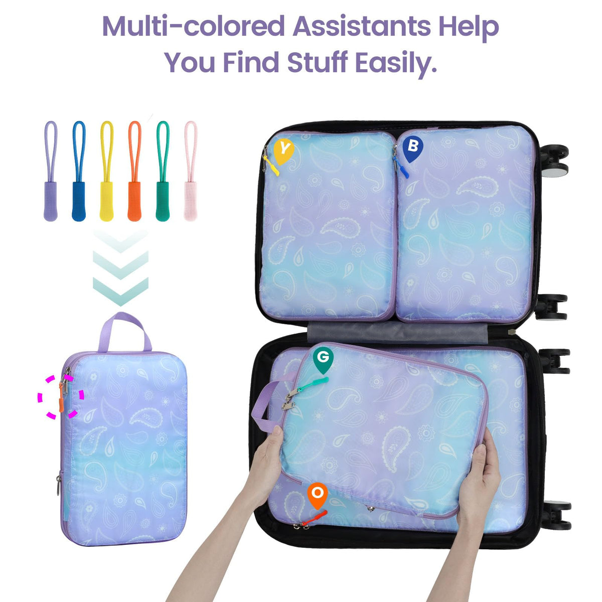 Cambond Compression Packing Cubes Travel - 5 Set Packing Cubes for Suitcases, Lightweight Expandable Luggage Organizers Space Saver Compression Cubes with Makeup Bag, White Blue Purple Gradient