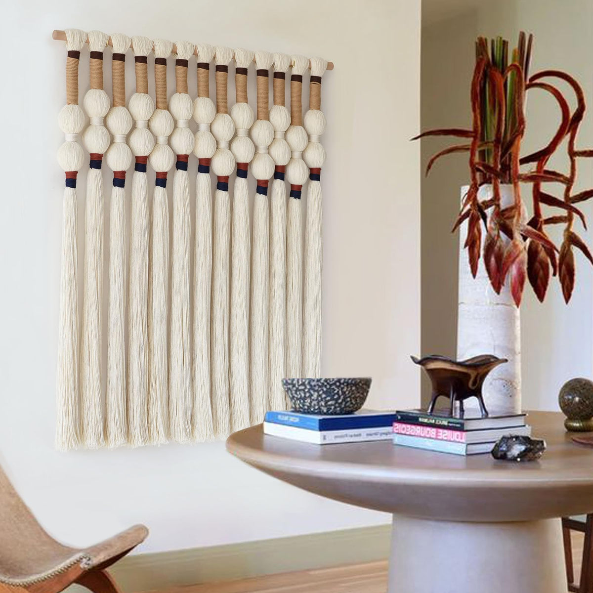 Flber Macrame Wall Hanging Boho Wall Art Handmade Spherical Knot Design with Tassel Fringe, Boho Decor for Bedroom Living Room, for Home Decoration 27" W x 33" L