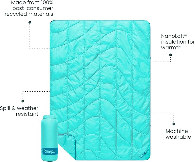 Rumpl Travel Puffy Blanket, Ultra-Packable Travel-Size Warmth and Comfort, Seafoam